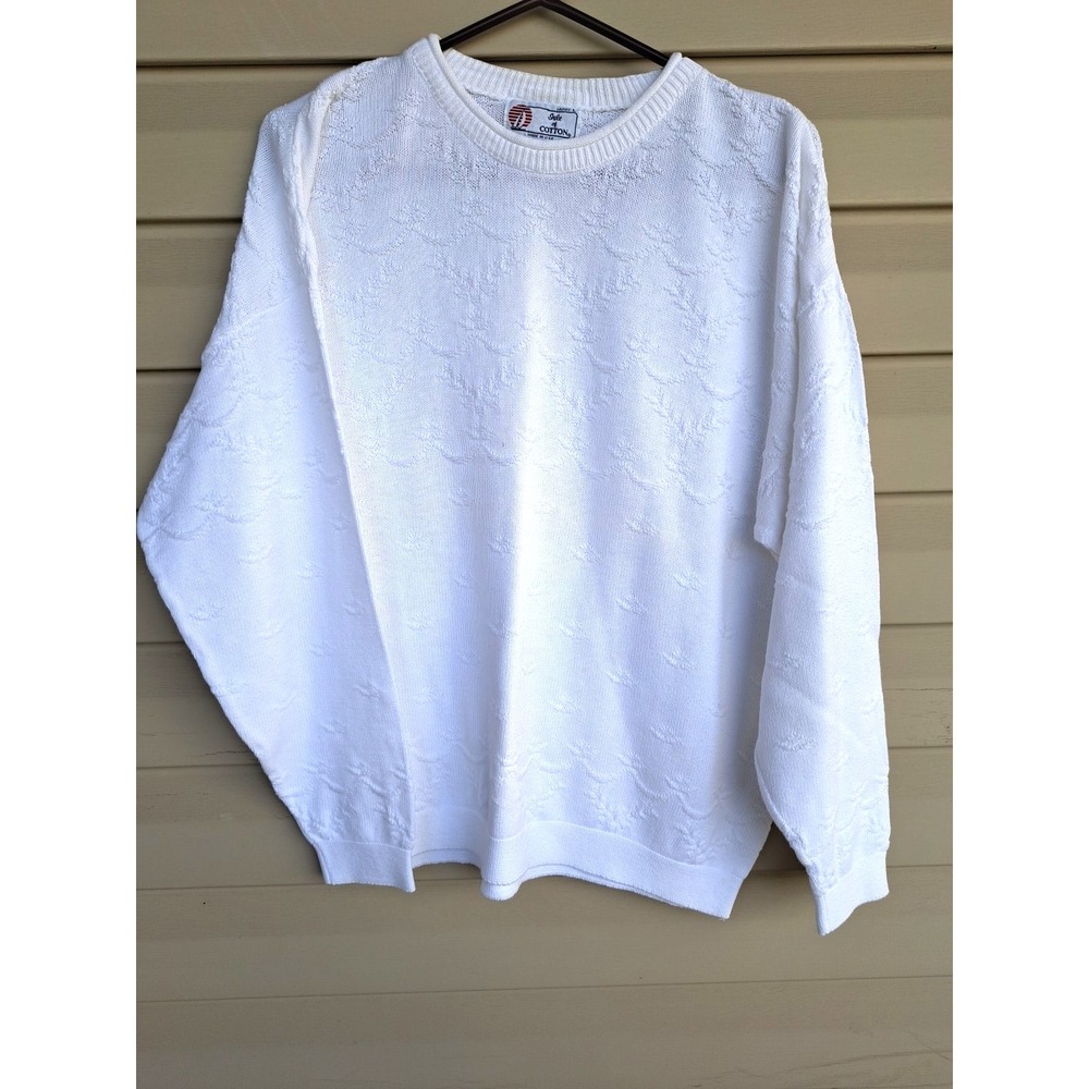 Vintage Women's Isle Of Cotton White Long Sleeve Crewneck Knit Sweater Made USA